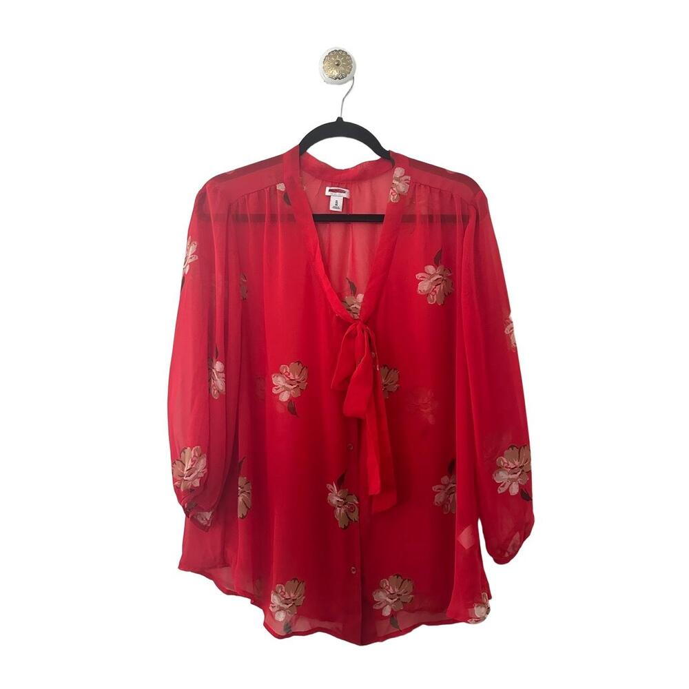 Old Navy Womens Blouse Size Extra Large Floral Print Sheer Tie Neck Long Sleeve